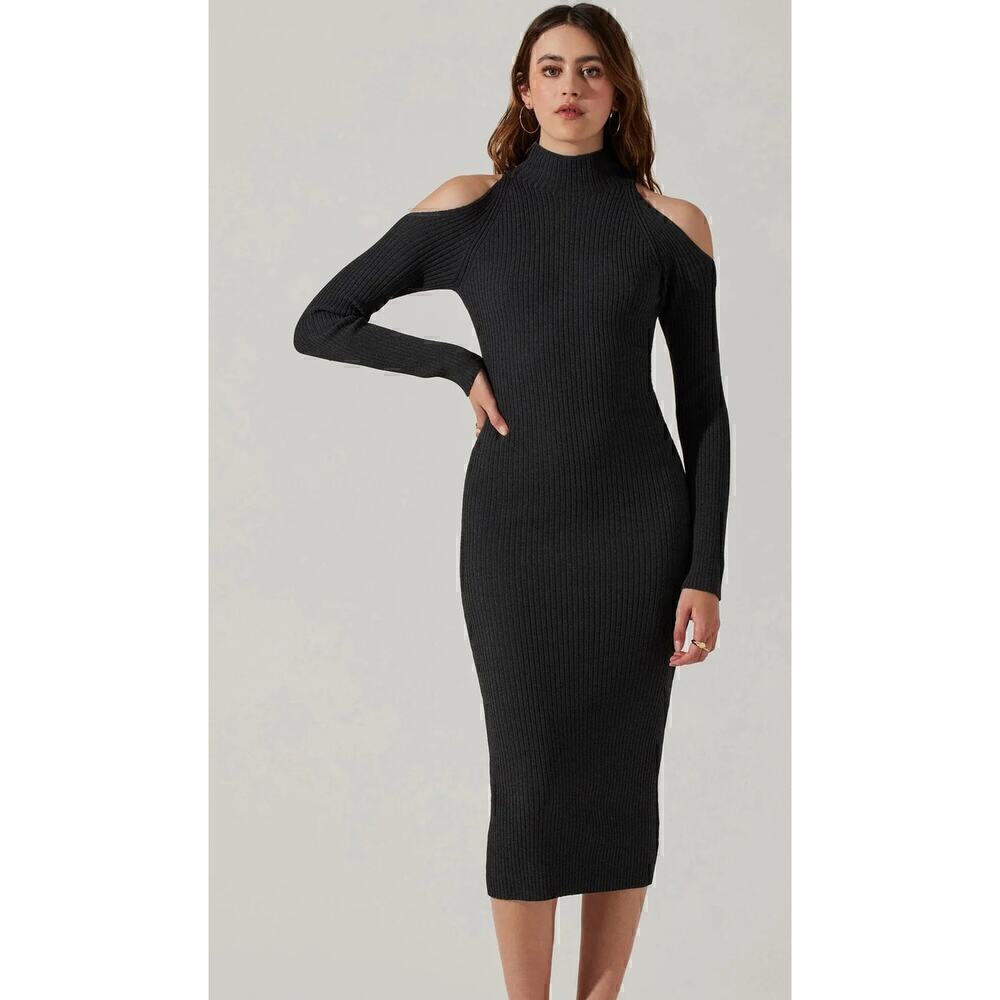 ASTR  Essential Cold Shoulder Dress Mock Neck Midi Sweater Gray NWT L